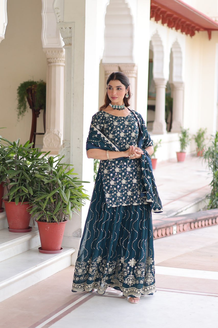 Trendy blue Embroidered Sharara Set with Dupatta
