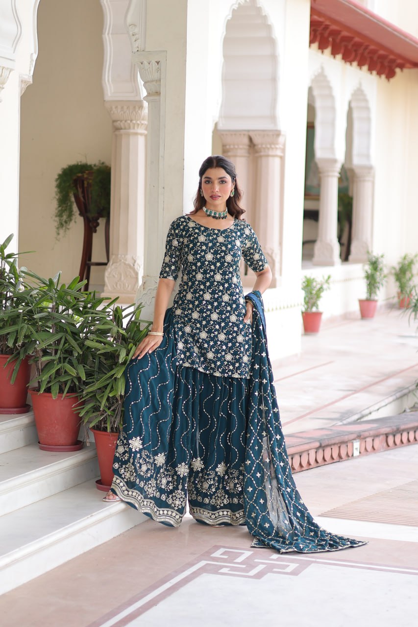Trendy blue Embroidered Sharara Set with Dupatta