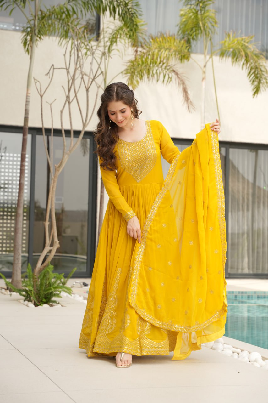 Women’s Designer Yellow Anarkali Dress with Dupatta