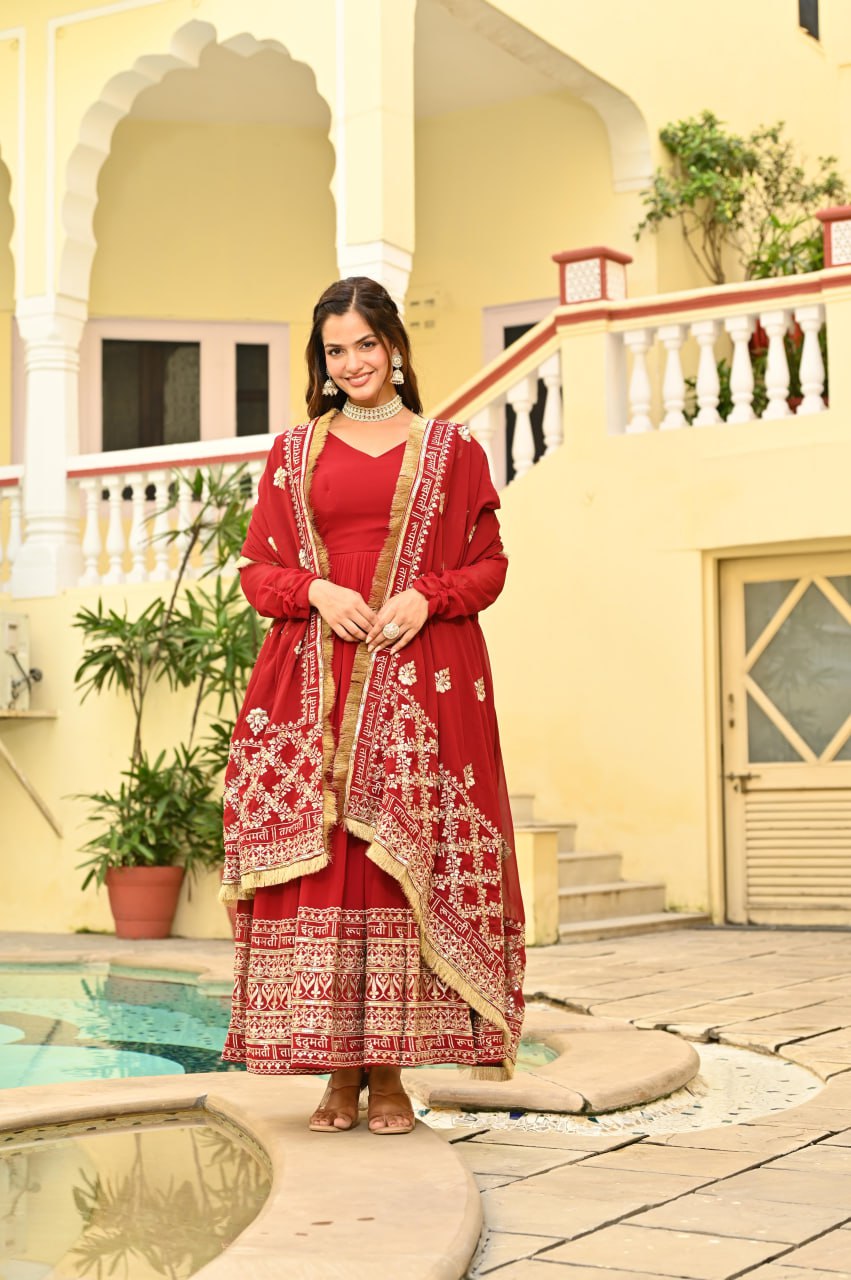 Elegant Red Ethnic Anarkali Gown with Dupatta