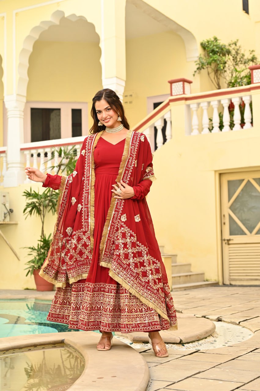 Elegant Red Ethnic Anarkali Gown with Dupatta
