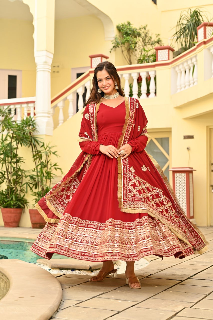 Elegant Red Ethnic Anarkali Gown with Dupatta