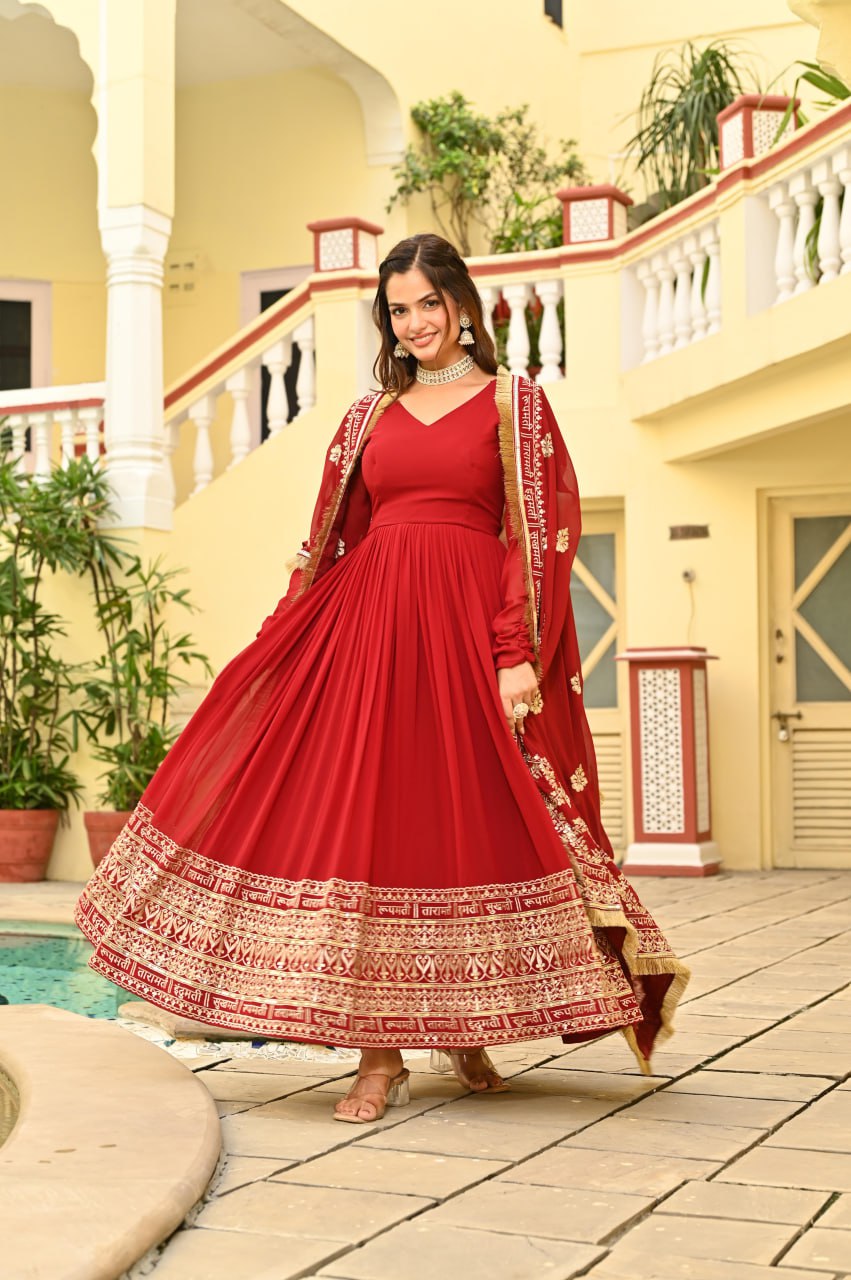 Elegant Red Ethnic Anarkali Gown with Dupatta