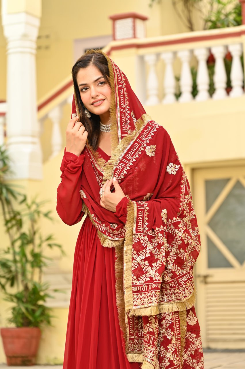 Elegant Red Ethnic Anarkali Gown with Dupatta