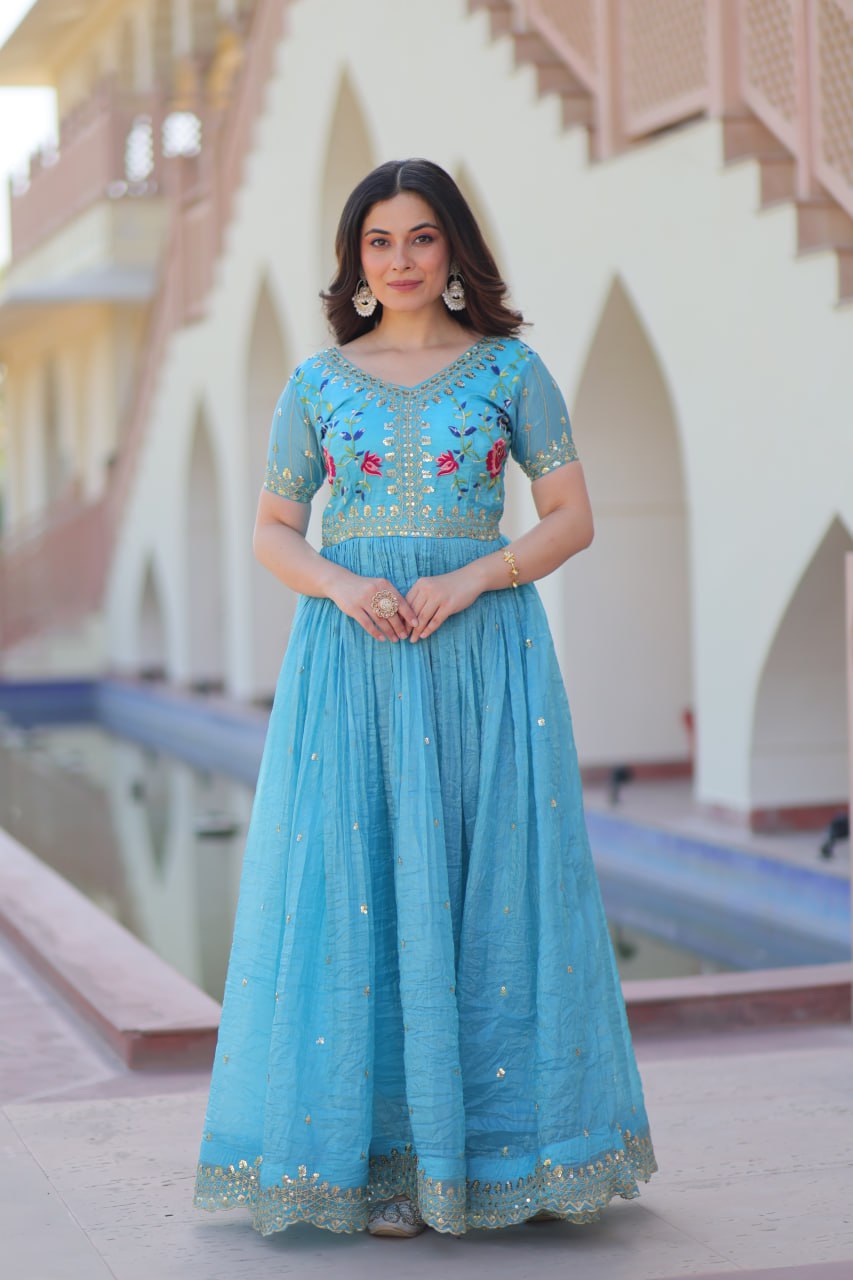 Elegant Sky Blue Ethnic Gown for Women