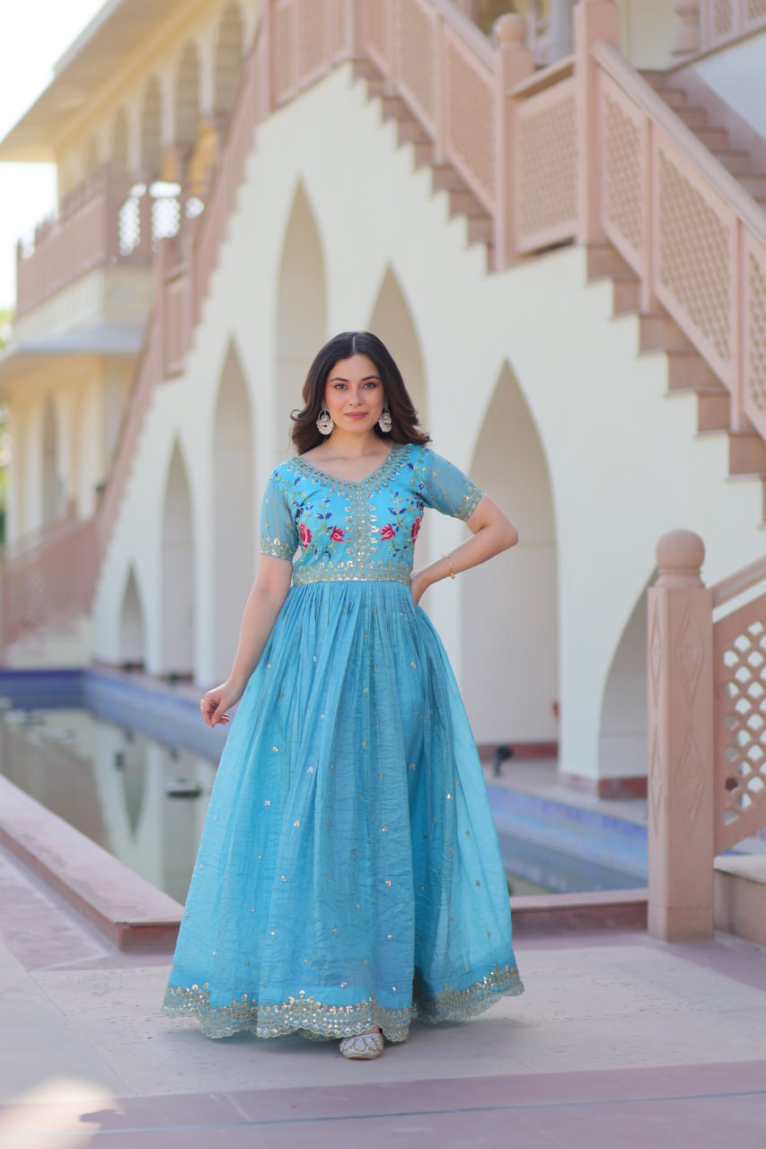 Elegant Sky Blue Ethnic Gown for Women