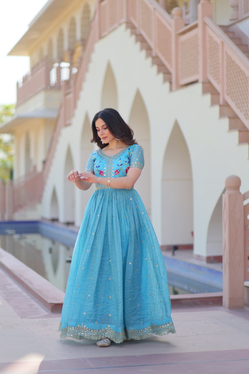 Elegant Sky Blue Ethnic Gown for Women