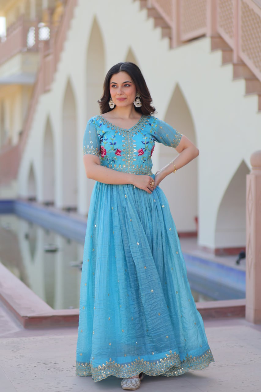 Elegant Sky Blue Ethnic Gown for Women