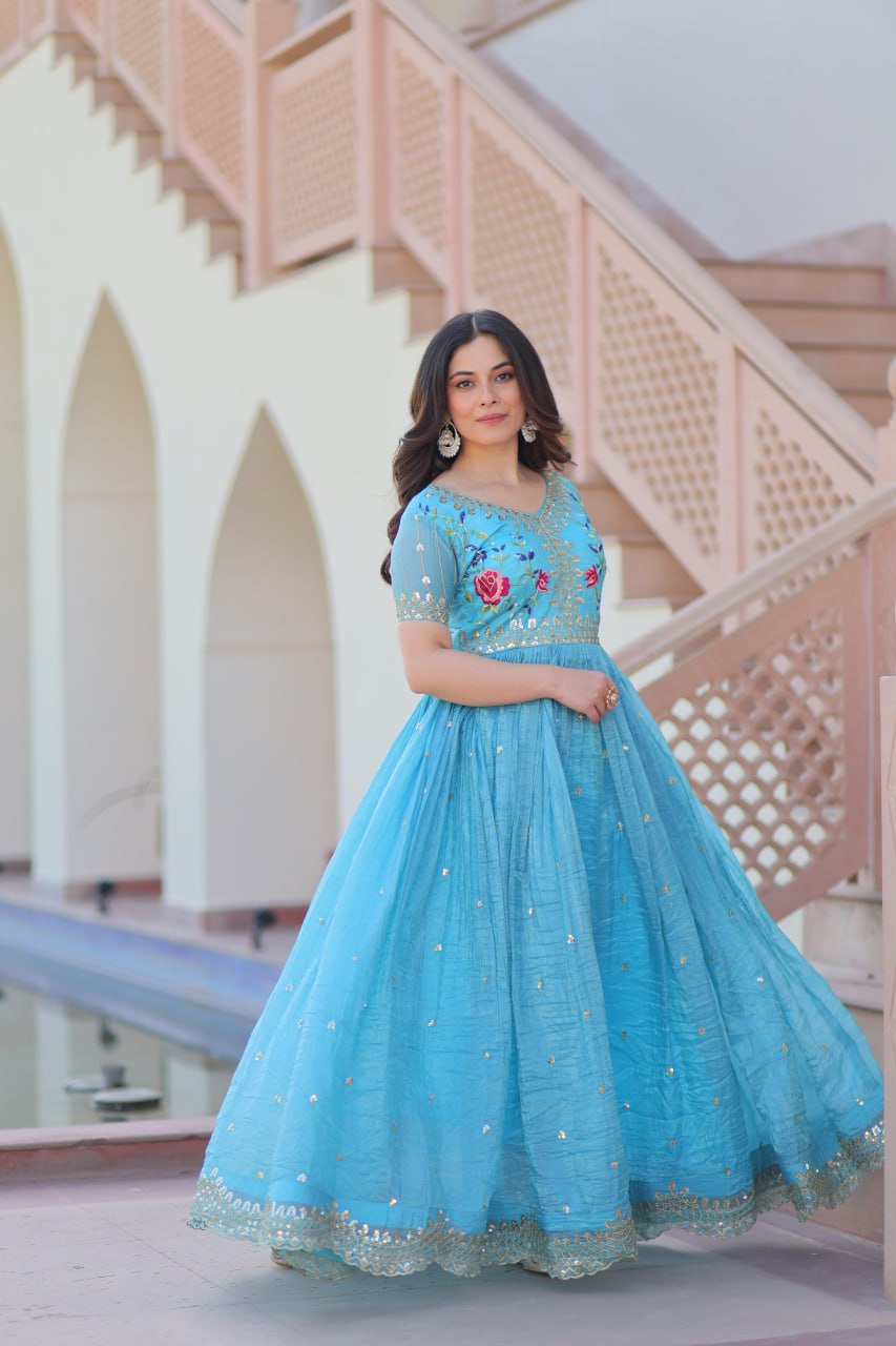 Elegant Sky Blue Ethnic Gown for Women