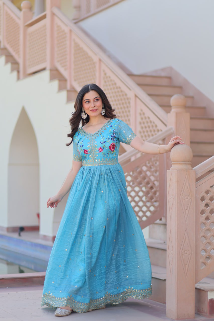 Elegant Sky Blue Ethnic Gown for Women
