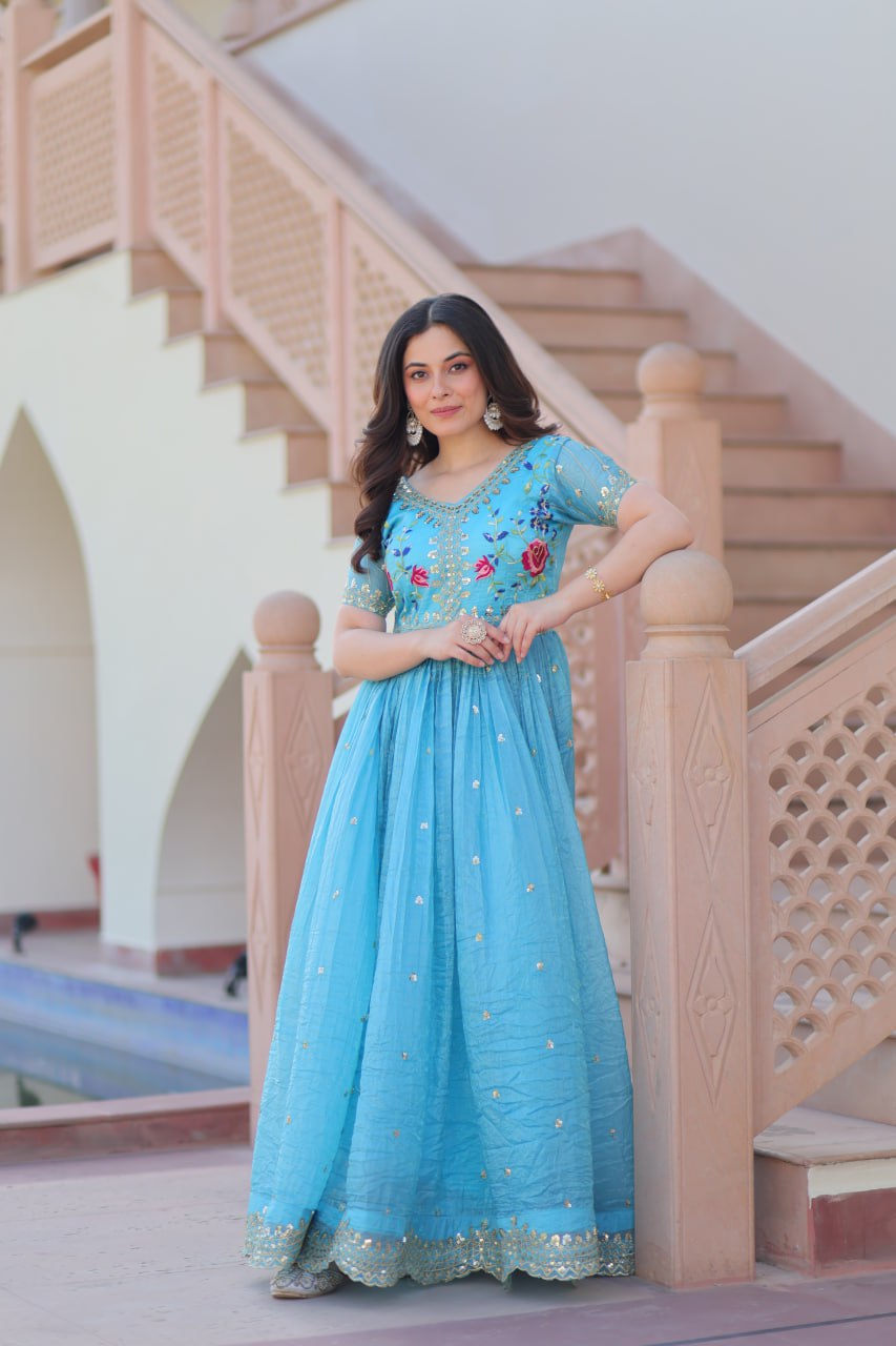 Elegant Sky Blue Ethnic Gown for Women
