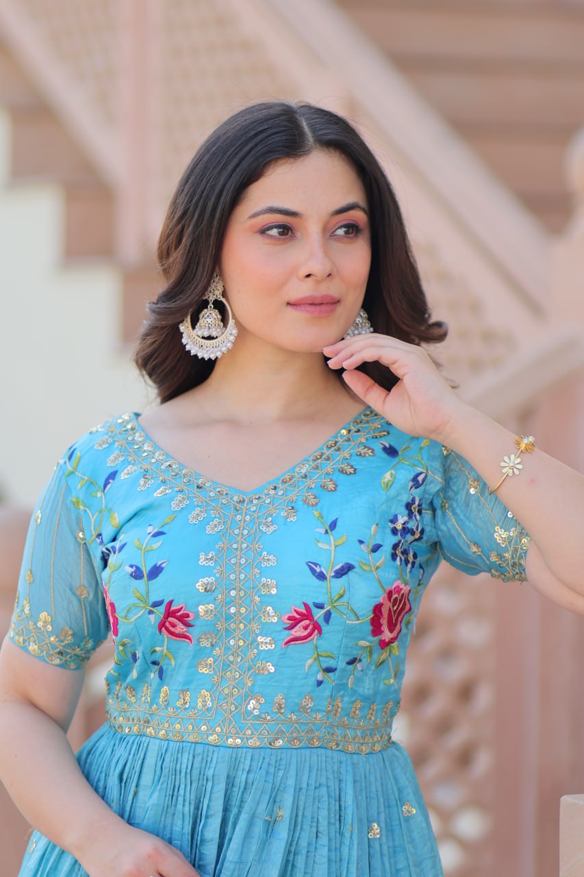 Elegant Sky Blue Ethnic Gown for Women