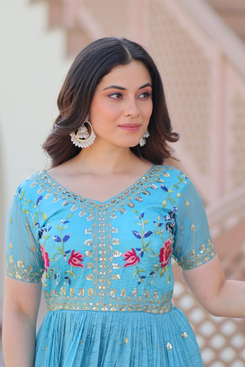 Elegant Sky Blue Ethnic Gown for Women