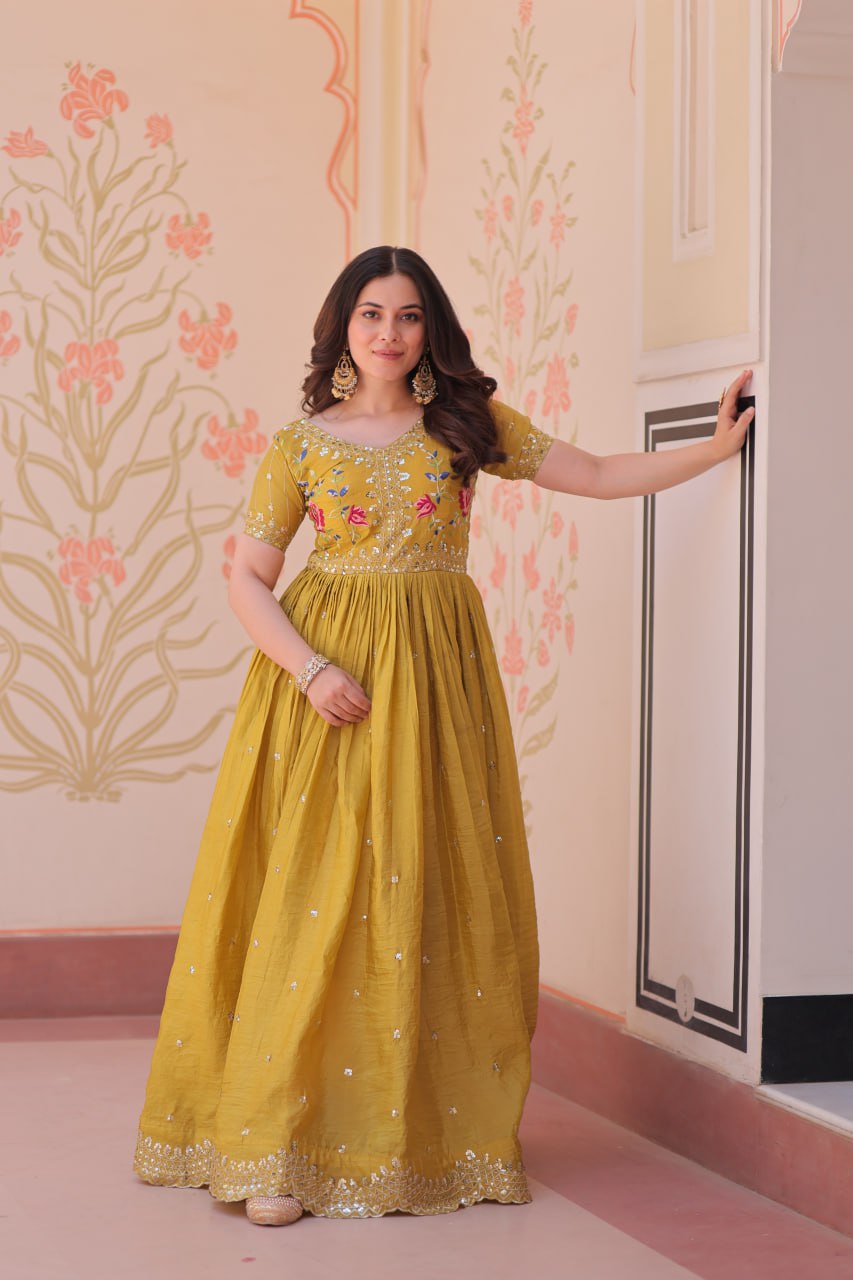 Elegant Mustard Yellow Ethnic Gown for Women