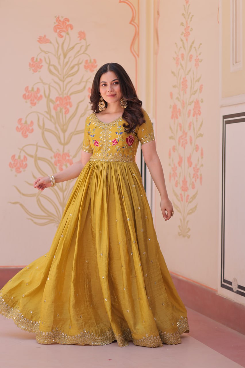 Elegant Mustard Yellow Ethnic Gown for Women