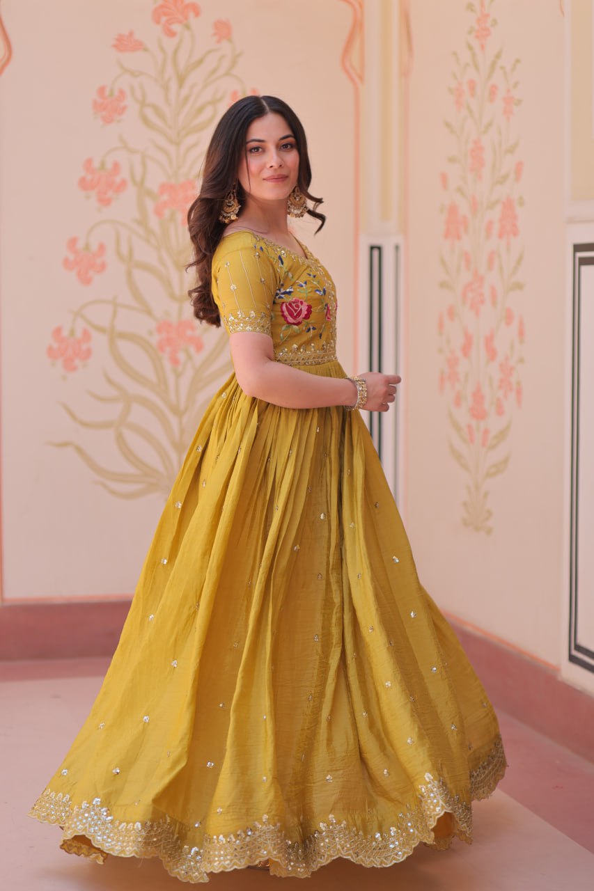 Elegant Mustard Yellow Ethnic Gown for Women