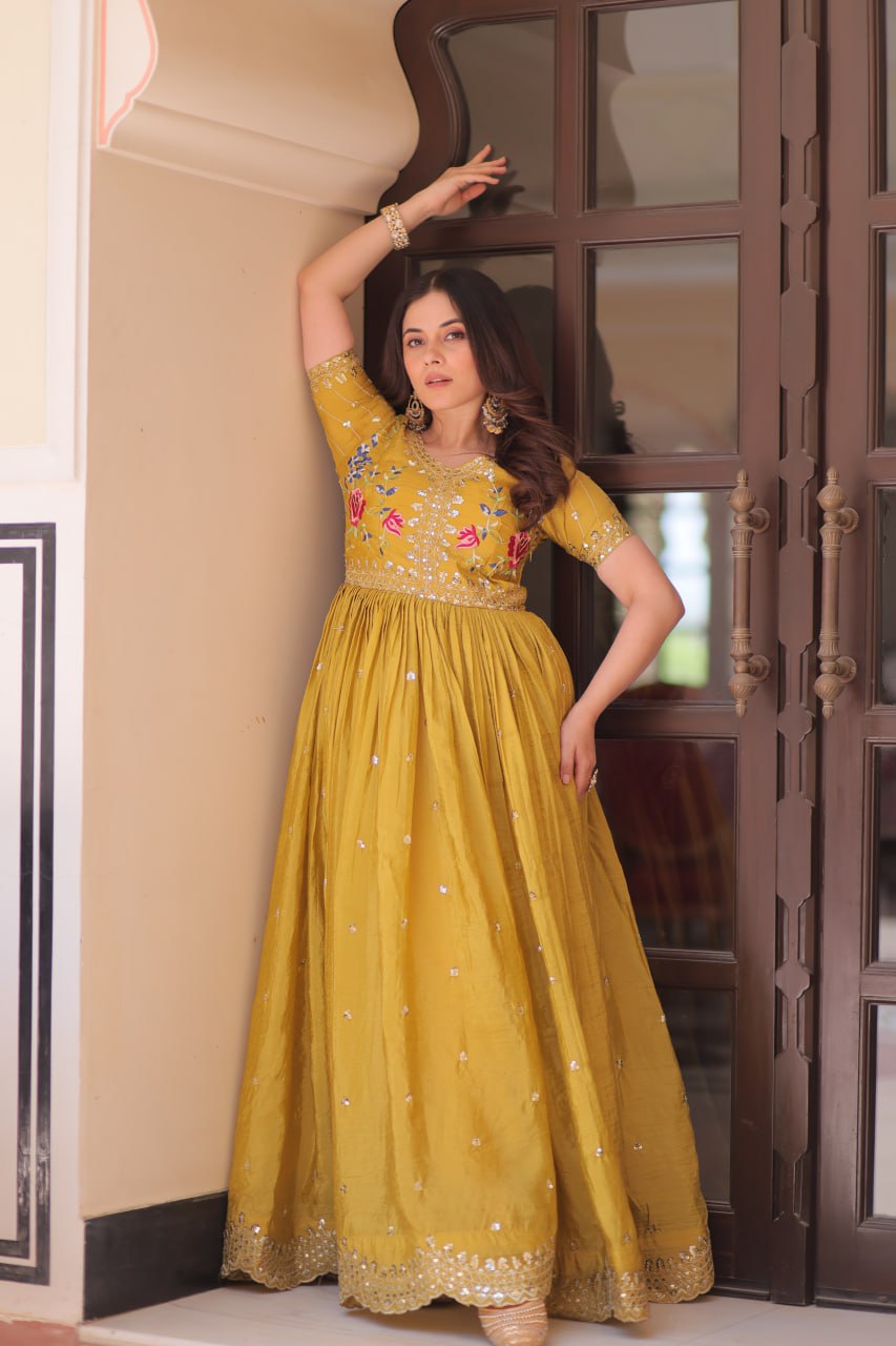 Elegant Mustard Yellow Ethnic Gown for Women