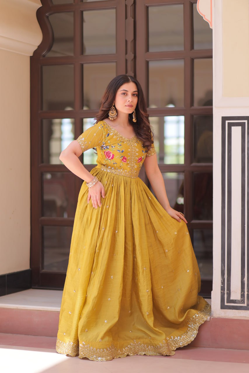 Elegant Mustard Yellow Ethnic Gown for Women