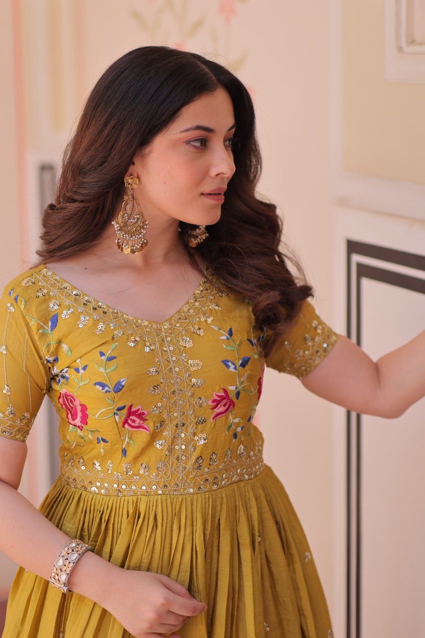 Elegant Mustard Yellow Ethnic Gown for Women
