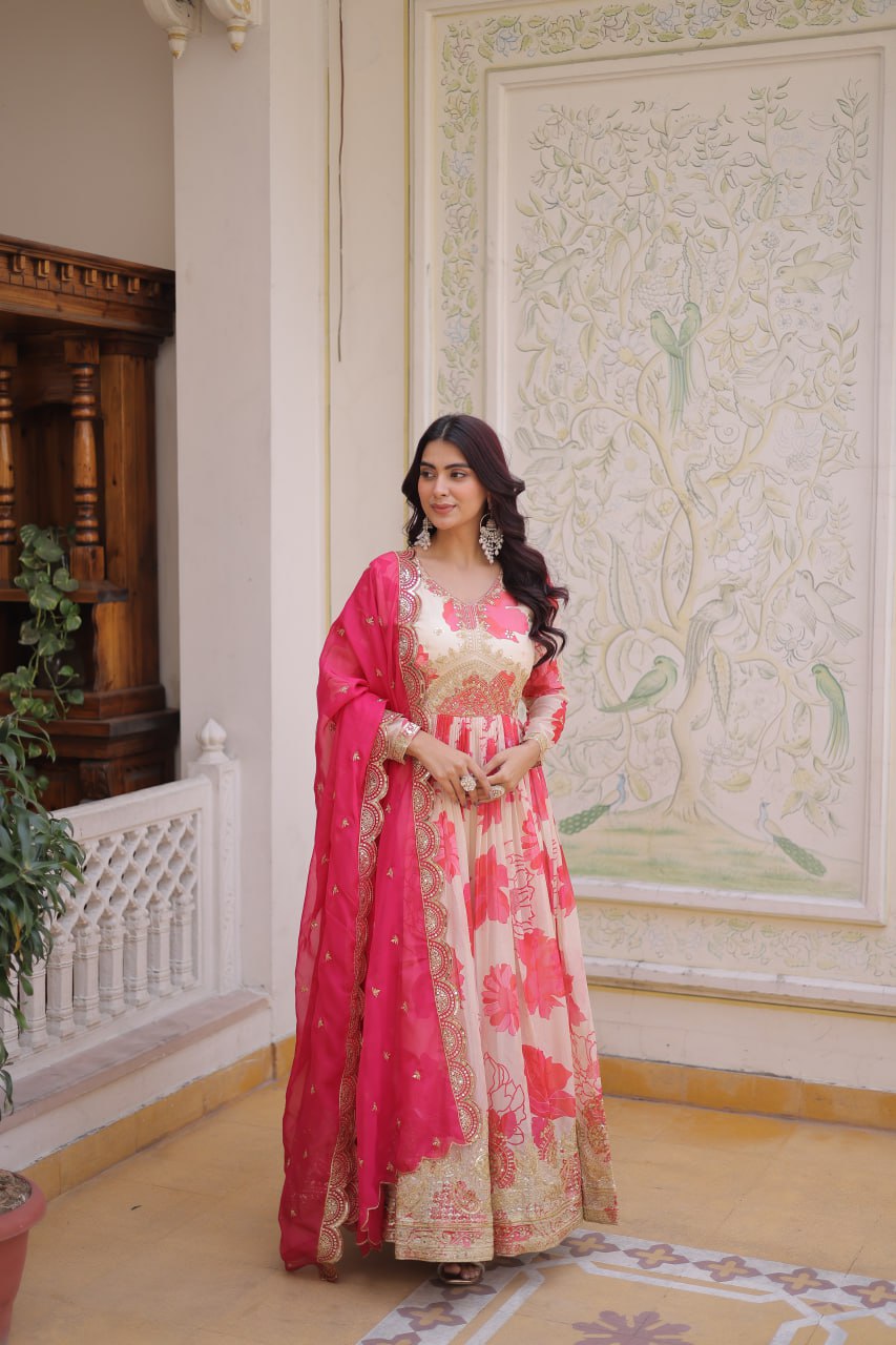 Royal Blossom Pink Anarkali Set with Embroidered Dupatta