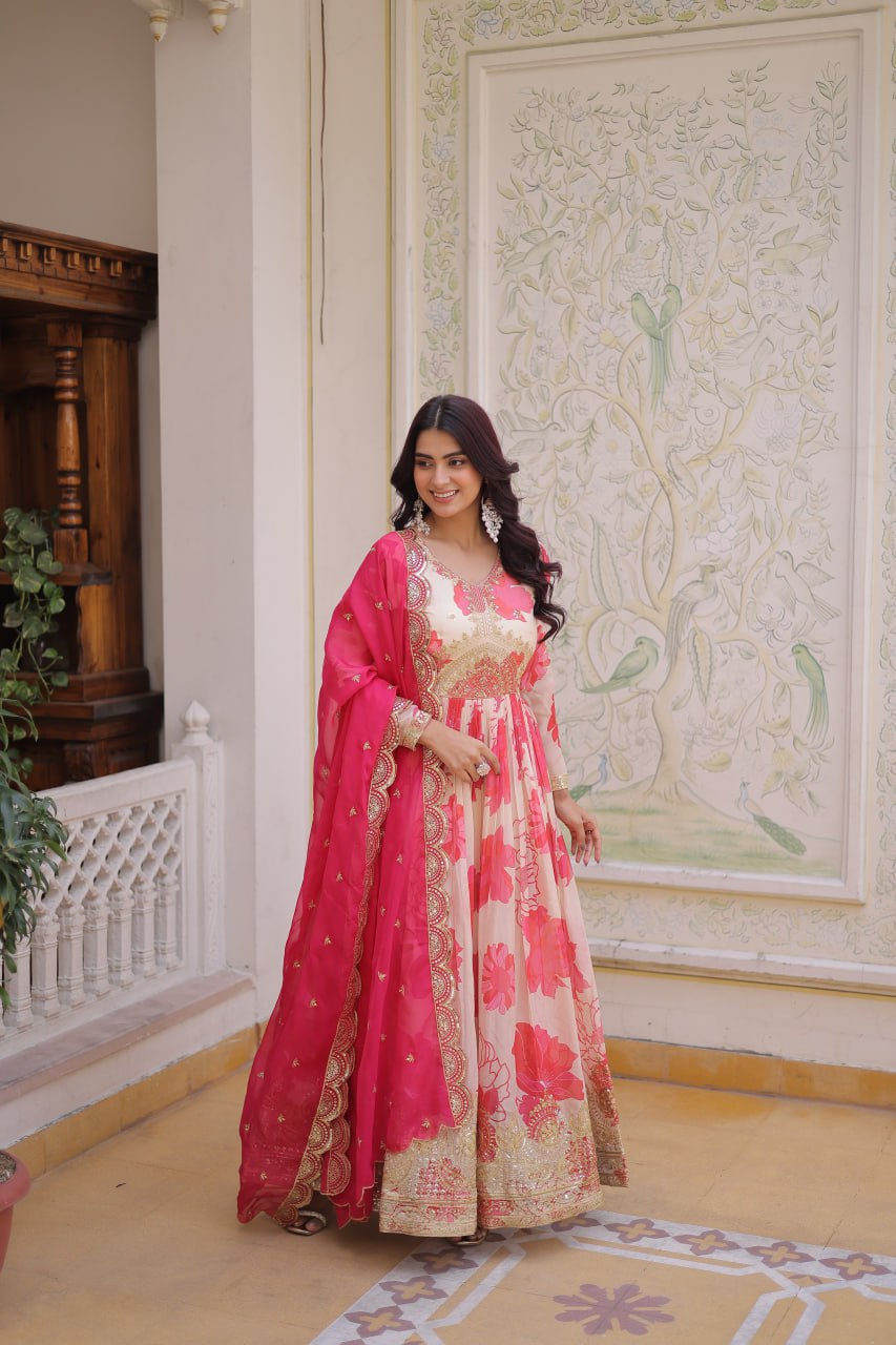 Royal Blossom Pink Anarkali Set with Embroidered Dupatta
