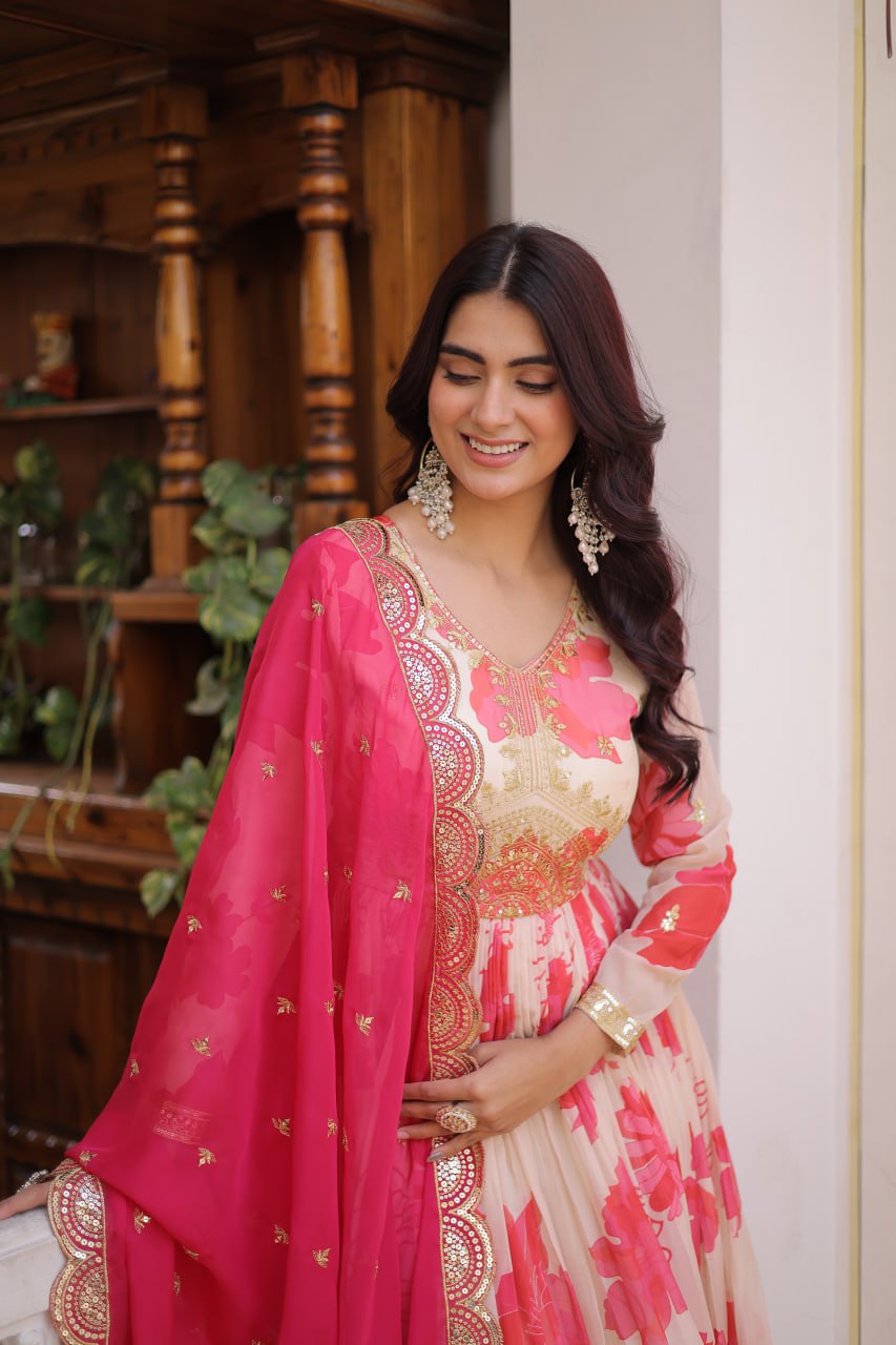 Royal Blossom Pink Anarkali Set with Embroidered Dupatta