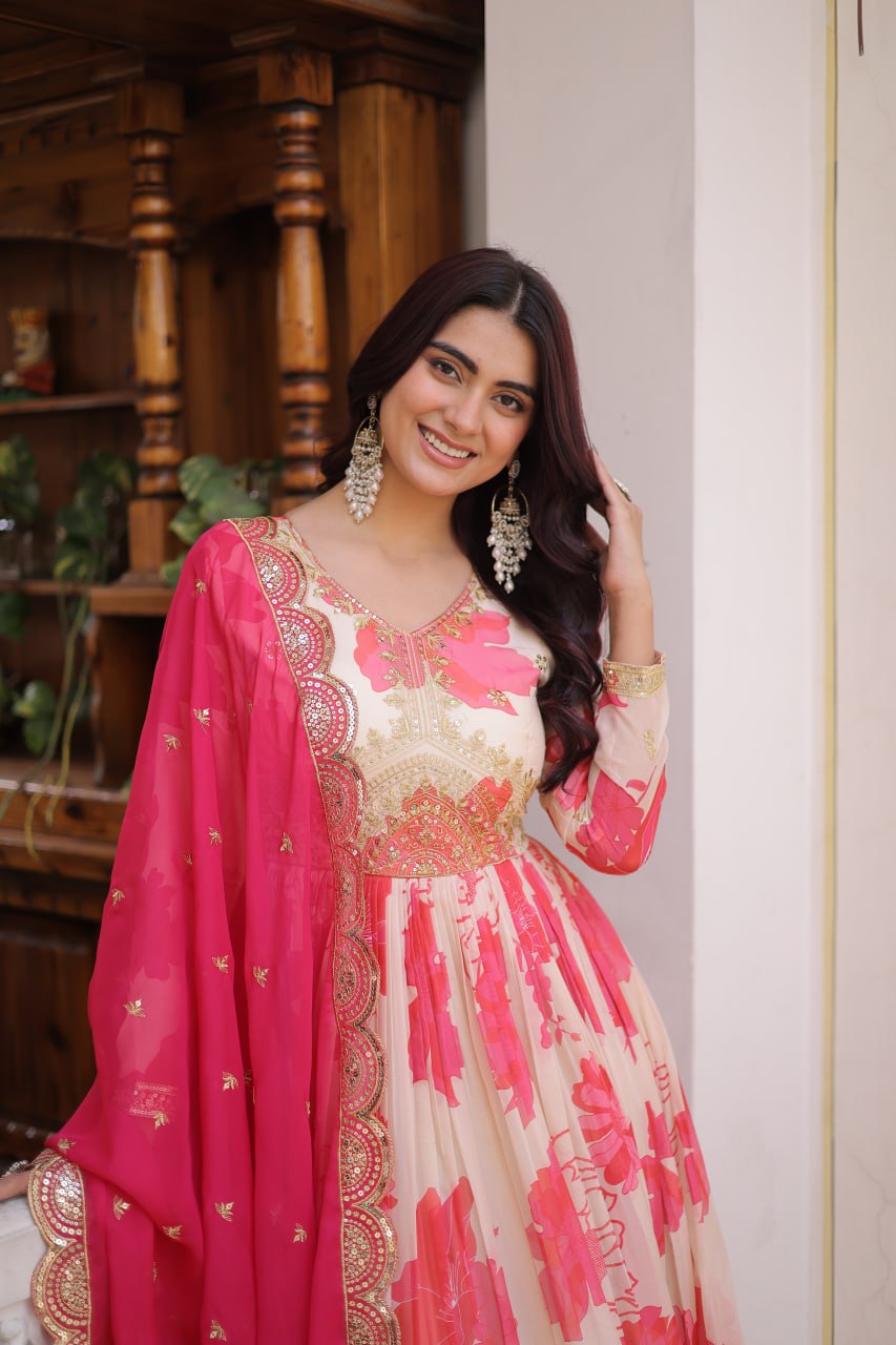 Royal Blossom Pink Anarkali Set with Embroidered Dupatta