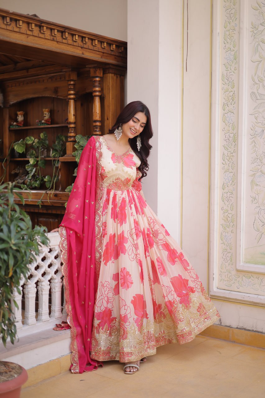 Royal Blossom Pink Anarkali Set with Embroidered Dupatta