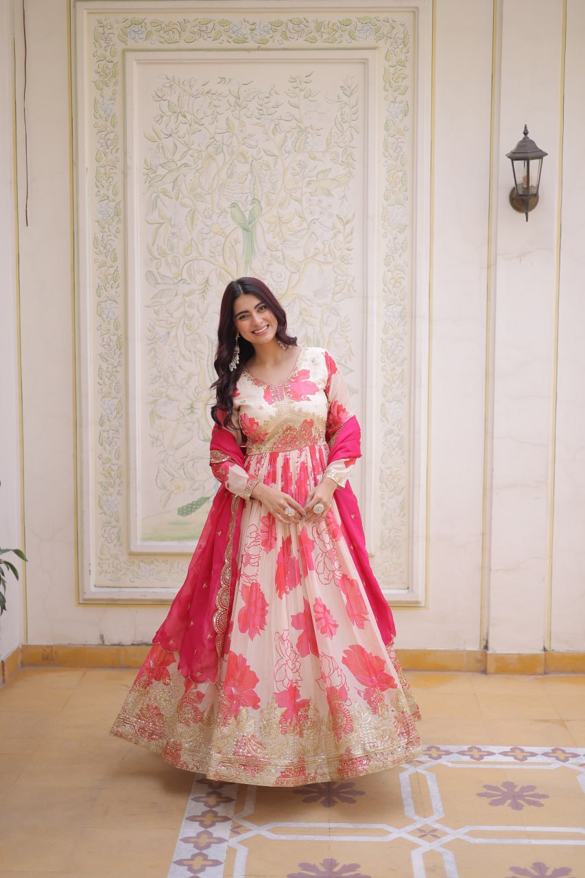 Royal Blossom Pink Anarkali Set with Embroidered Dupatta
