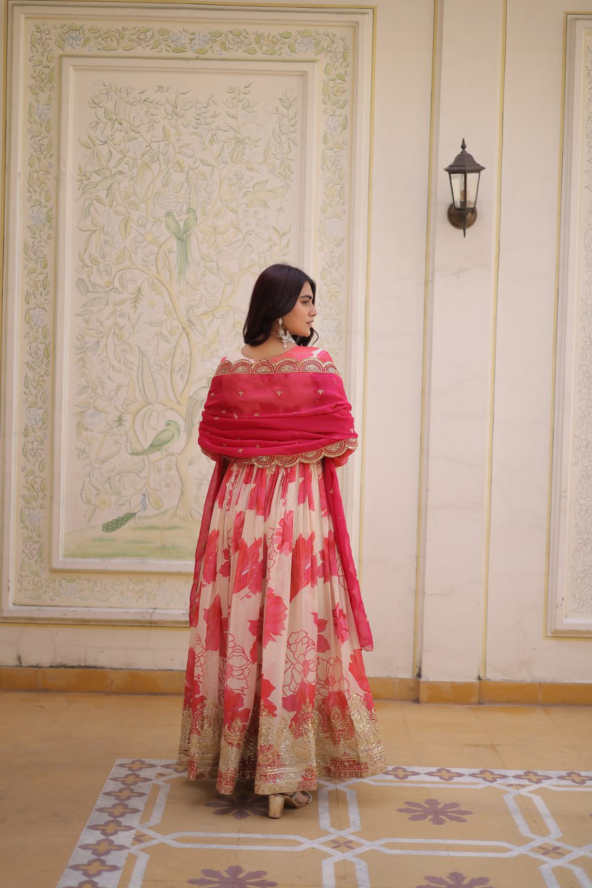 Royal Blossom Pink Anarkali Set with Embroidered Dupatta