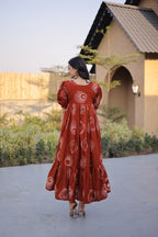 Elegant Rust Orange Printed Flowy Maxi Dress with Puff Sleeves