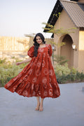 Elegant Rust Orange Printed Flowy Maxi Dress with Puff Sleeves