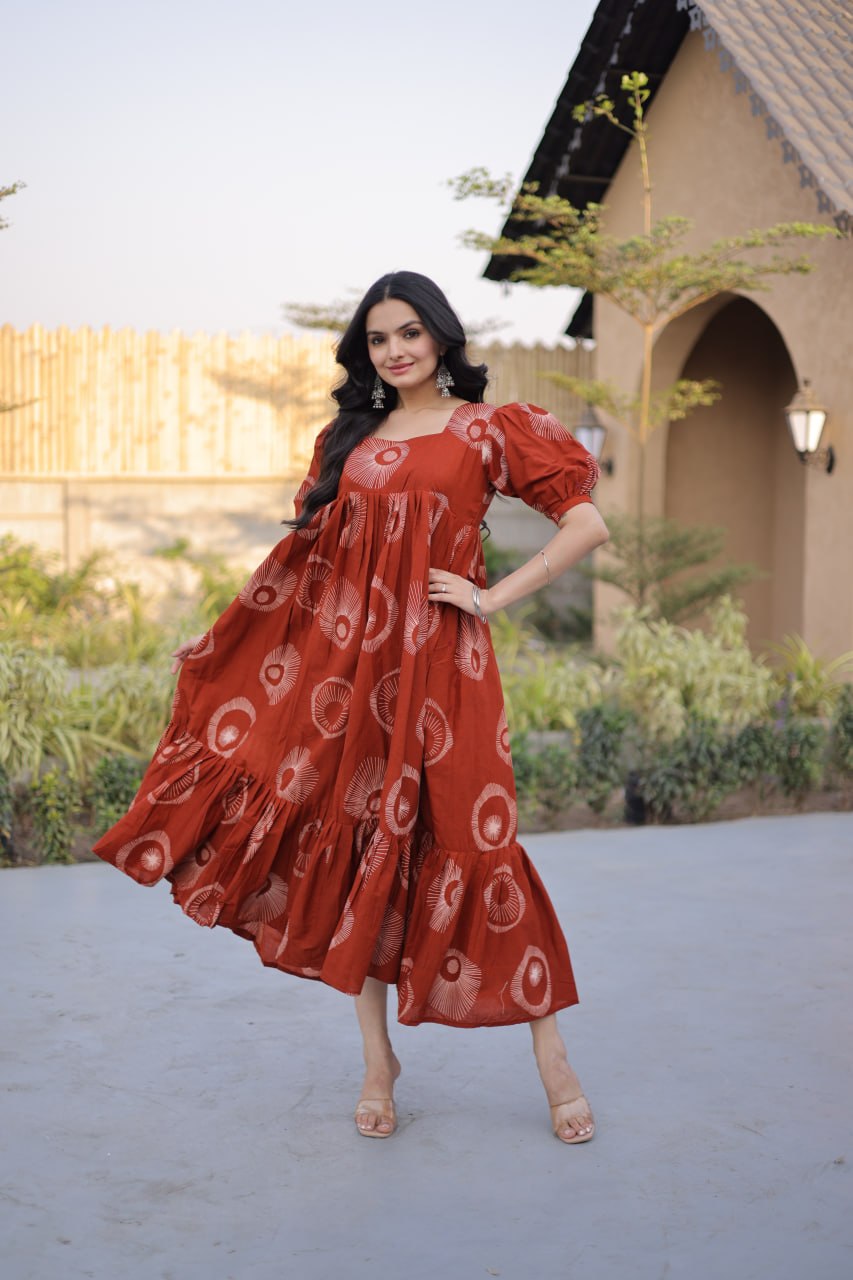 Elegant Rust Orange Printed Flowy Maxi Dress with Puff Sleeves