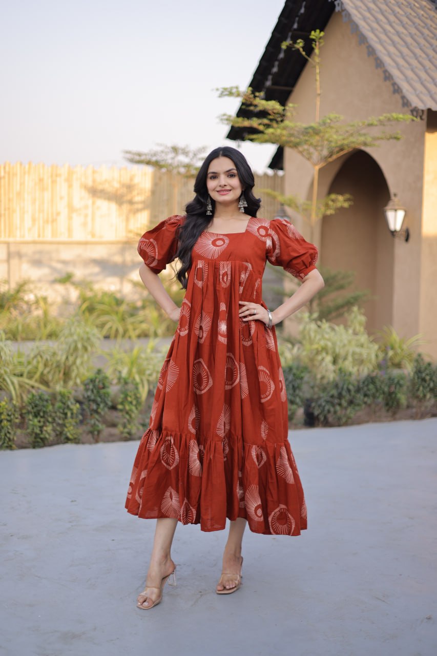 Elegant Rust Orange Printed Flowy Maxi Dress with Puff Sleeves
