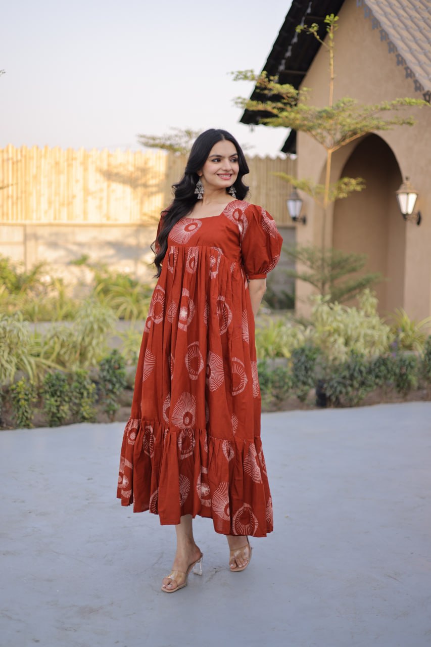 Elegant Rust Orange Printed Flowy Maxi Dress with Puff Sleeves