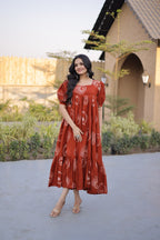 Elegant Rust Orange Printed Flowy Maxi Dress with Puff Sleeves