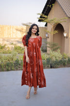 Elegant Rust Orange Printed Flowy Maxi Dress with Puff Sleeves
