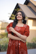 Elegant Rust Orange Printed Flowy Maxi Dress with Puff Sleeves