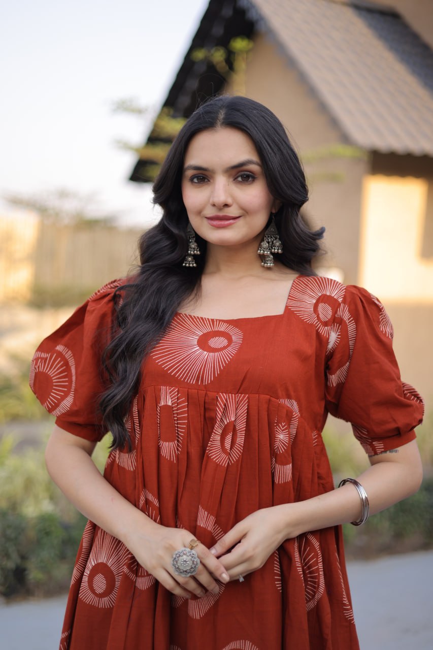 Elegant Rust Orange Printed Flowy Maxi Dress with Puff Sleeves