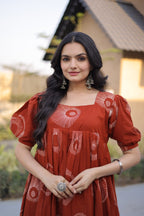 Elegant Rust Orange Printed Flowy Maxi Dress with Puff Sleeves