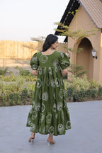 Elegant Olive Green Printed Maxi Dress for Effortless Ethnic Charm