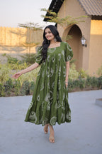Elegant Olive Green Printed Maxi Dress for Effortless Ethnic Charm
