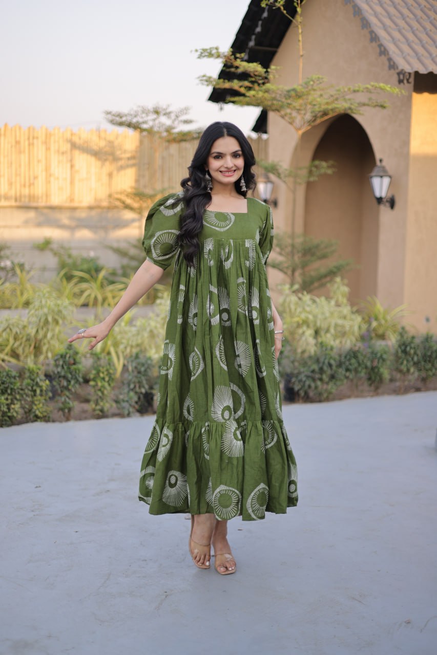 Elegant Olive Green Printed Maxi Dress for Effortless Ethnic Charm