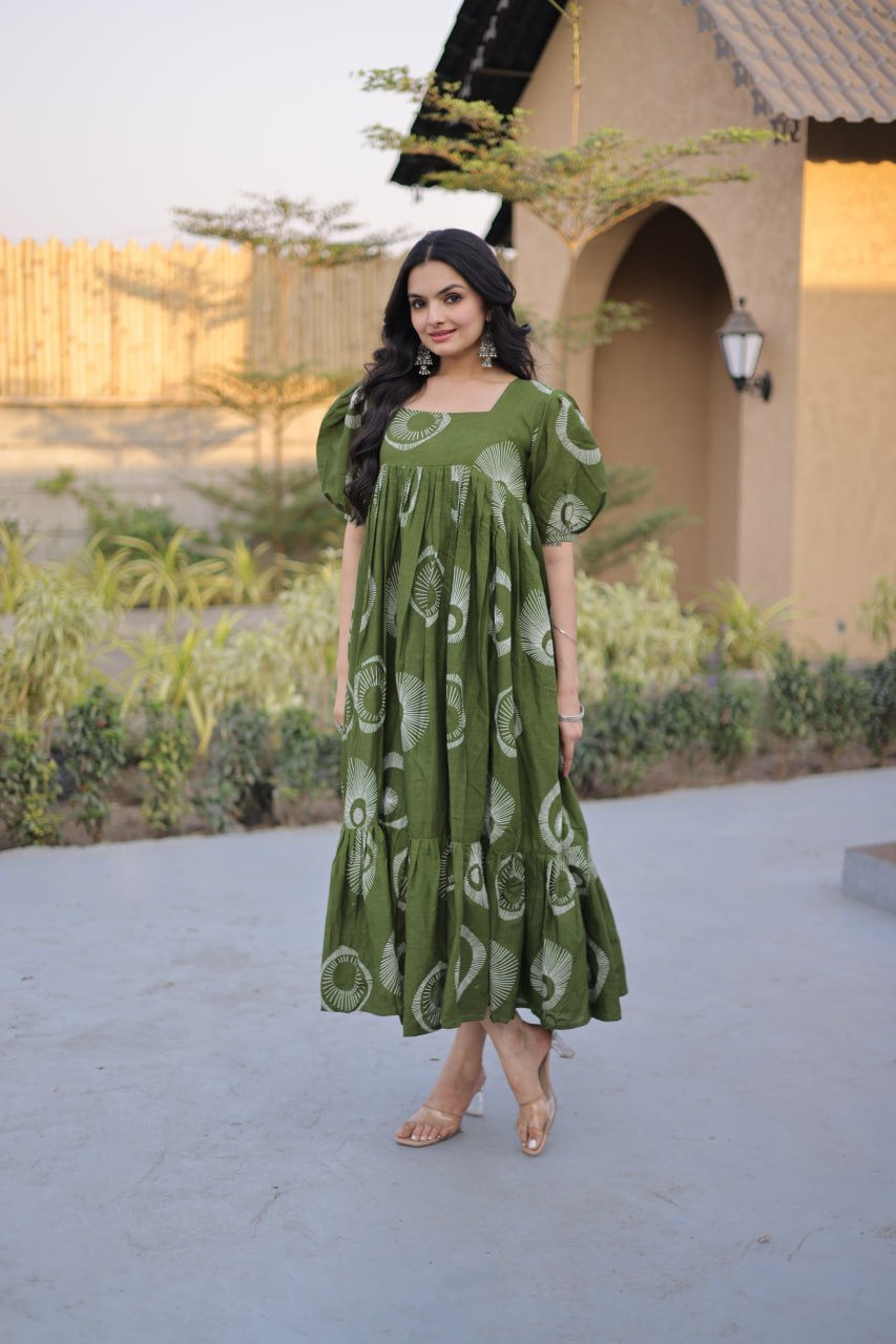 Elegant Olive Green Printed Maxi Dress for Effortless Ethnic Charm