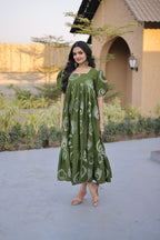 Elegant Olive Green Printed Maxi Dress for Effortless Ethnic Charm