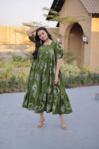 Elegant Olive Green Printed Maxi Dress for Effortless Ethnic Charm