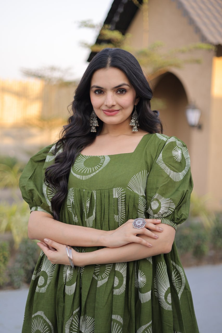 Elegant Olive Green Printed Maxi Dress for Effortless Ethnic Charm