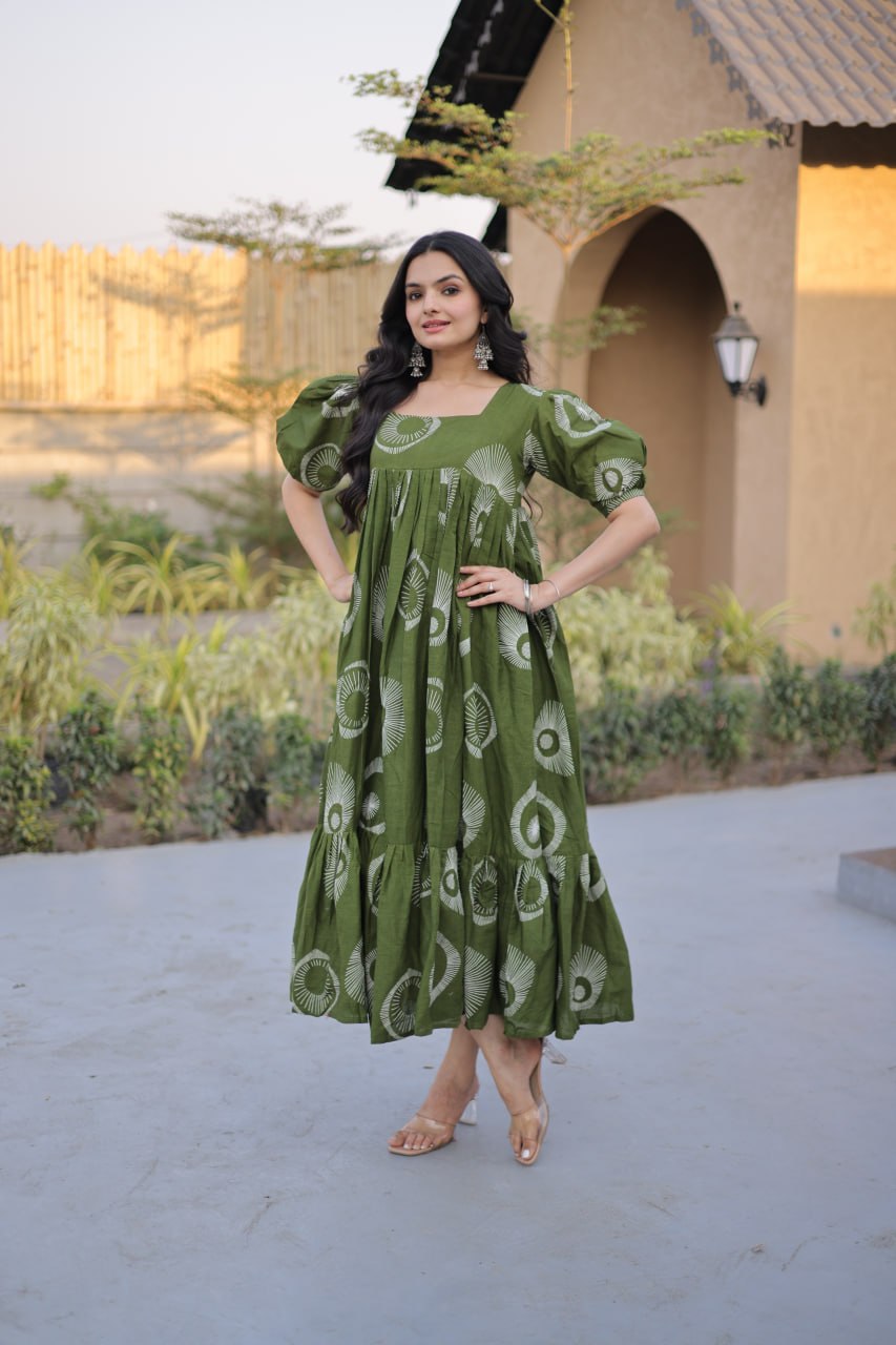 Elegant Olive Green Printed Maxi Dress for Effortless Ethnic Charm