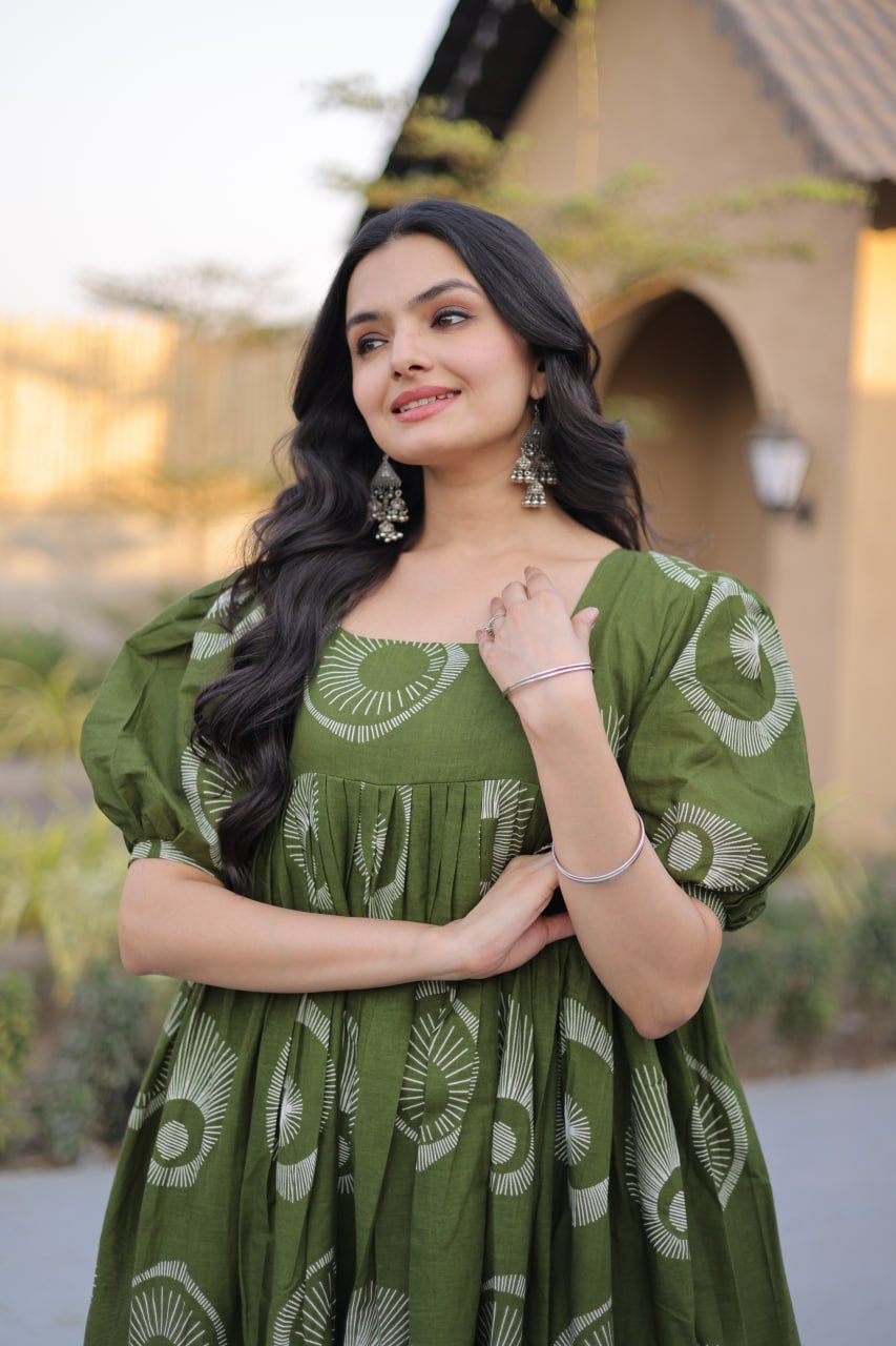 Elegant Olive Green Printed Maxi Dress for Effortless Ethnic Charm