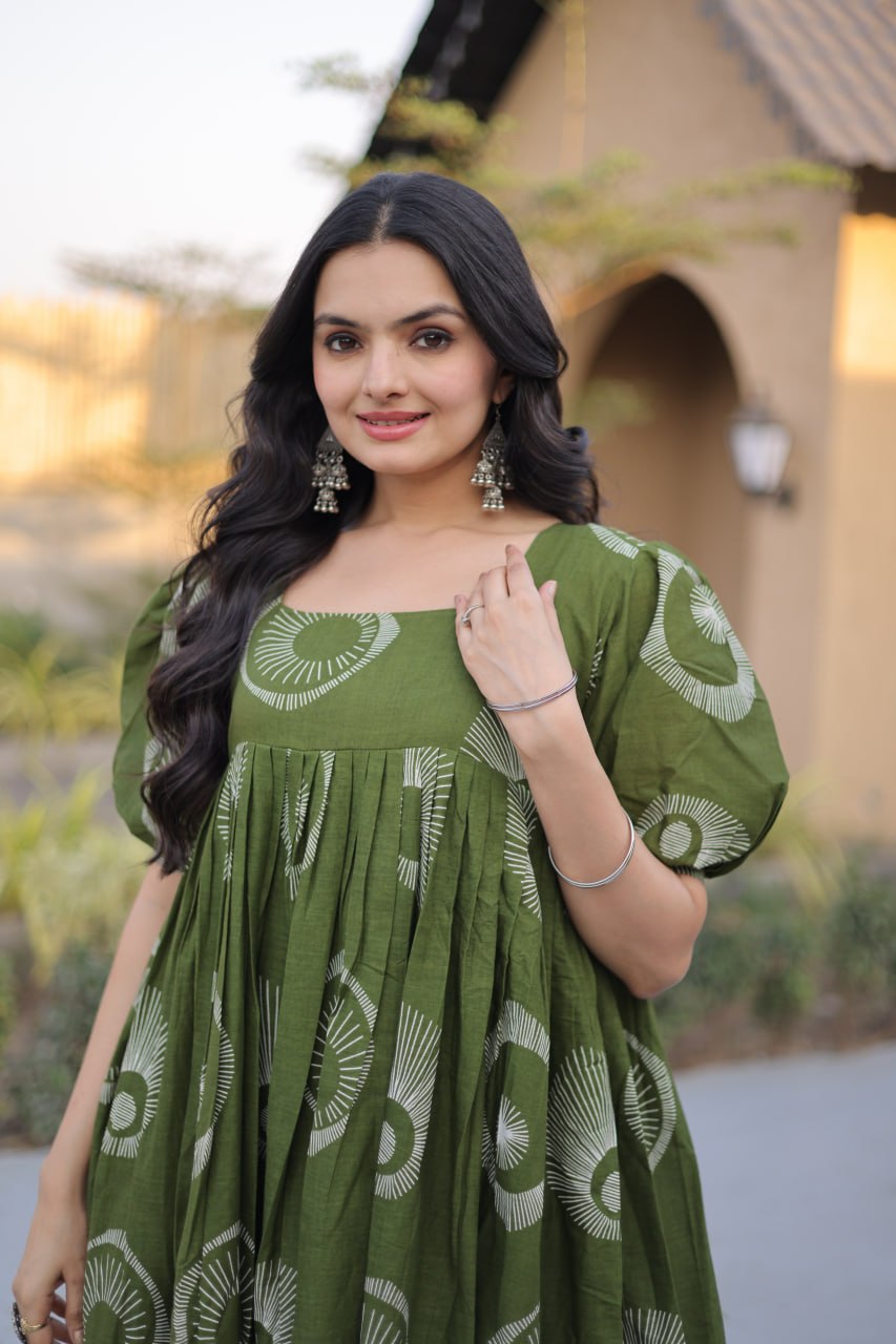 Elegant Olive Green Printed Maxi Dress for Effortless Ethnic Charm